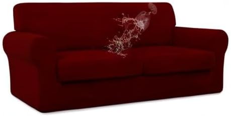 Easy-Going 100% Dual Waterproof 3 Pieces Oversized Loveseat Cover Stretch Soft Couch Cover for Dogs, Sofa Slipcover for 2 Separate Cushion Couch Leakproof Furniture Protector for Kids, Pets Wine