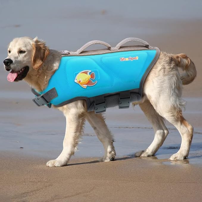 Dog Life Jacket for Large Dogs, Dog Life Vest for Swimming with Three Fashion Fabric Patches, Pet Swim Vest with Reflective Stripes and Two Rescue Handle, Dogs Flotation Vest, L