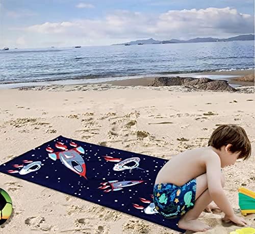 YIFONTIN Kids Beach Towel Velour Terry Blanket Throw 100% Cotton 24X48 inches for Swimming Bath Travel Sports Holiday Camping and Picnic, Navy Spaceship Rocket.