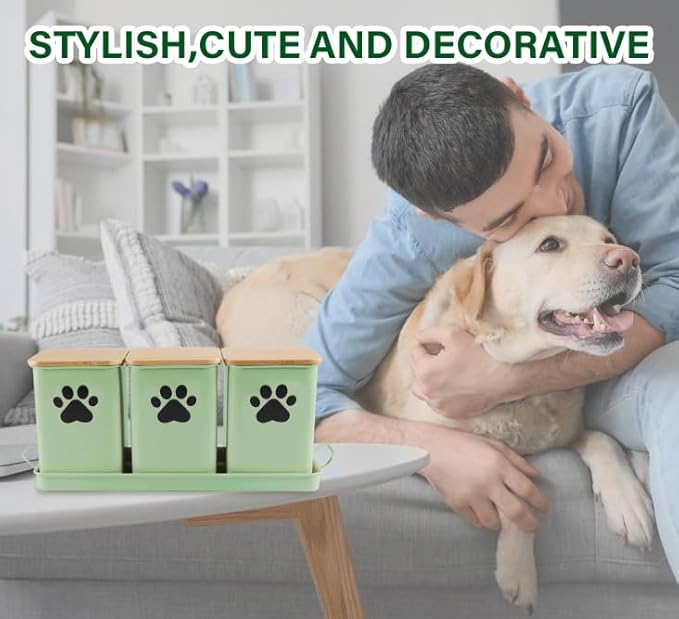 Set of 3 Metal Dog Treat Jars,60oz Airtight Dog Treat Container with Bamboo Lids,Cat Treat Canister,Puppy Cookie Container for Kitchen Counter,Coated Galvanized Steel-Green