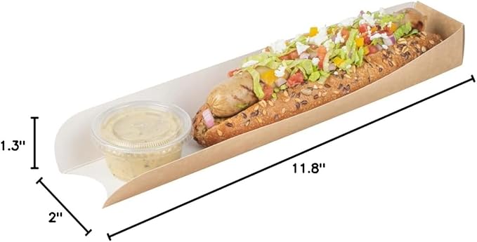 Restaurantware-Bio Tek 11.8 x 2 x 1.3 Inch Hot Dog Trays Pak of 200 Open-Design Hot Dog Containers - 3-Walled, Greaseproof, Recyclable, Disposable, Kraft Paper Serving Trays For Food Trucks