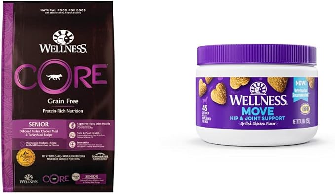 Wellness Food + Supplements Bundle: CORE Natural Grain Free Dry Dog Food, Senior, 12-Pound Bag, Turkey + Wellness Hip & Joint Health Soft Chew Dog Supplements, Grilled Chicken Flavor, 45 Count