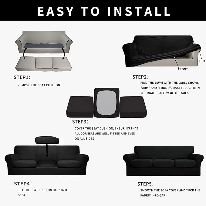 Easy-Going 100% Dual Waterproof 4 Pieces Oversized Cover Stretch Soft Couch Cover for Dogs, Sofa Slipcover for 3 Separate Cushion Couch Leakproof Furniture Protector for Kids, Pets Black