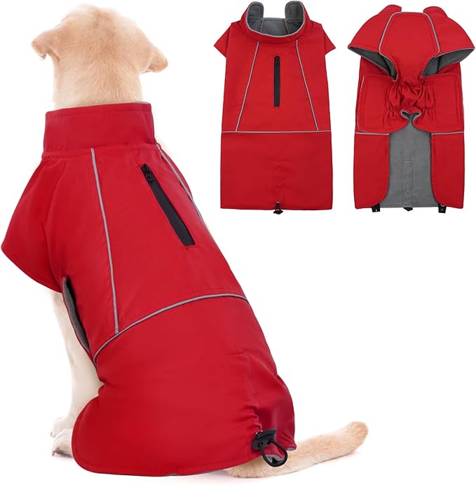 ROZKITCH Great Dane Sweater, Waterproof Windproof Dog Rain Jacket with Fleece Liner and Leash Hole Reflective Strip for Giant Dog, Adjustable Poncho Vest for Outdoor Hiking Travel Red 4XL