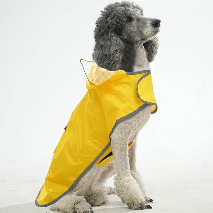MAMORE Dog Raincoat Reversible,Waterproof Dog Rain Coat Hooded Slicker Poncho with Reflective Strip, Plaid Double Layer Rain Jacket for Small Medium Large Dogs (Yellow, Large(22-37lb))