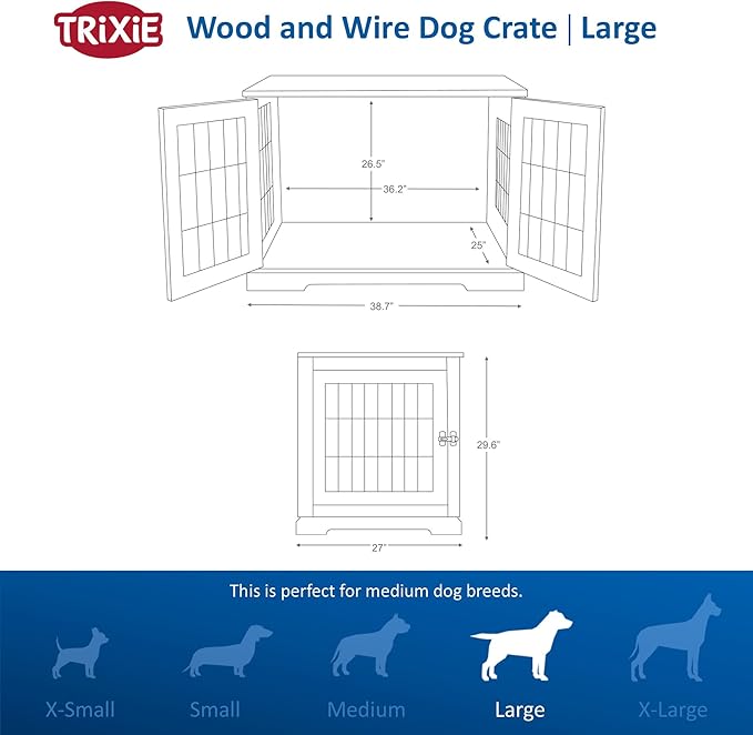 Trixie 38.7" Indoor Dog Crate, Wooden Crate Table for Dogs Up to 66 lb, Large Dog Kennel, Perfect in Any Room, Gray