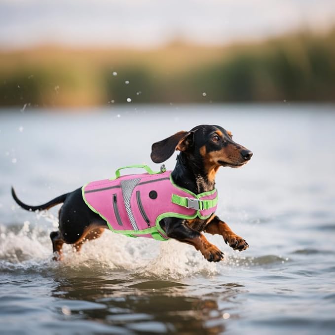 EMUST Dog Life Jacket, Reflective Dog Life Vest for Swimming with 4 Pockets, High Buoyancy Small Medium Large Dog Floating Vest with Reinforced Rescue Handle, Pink, XS