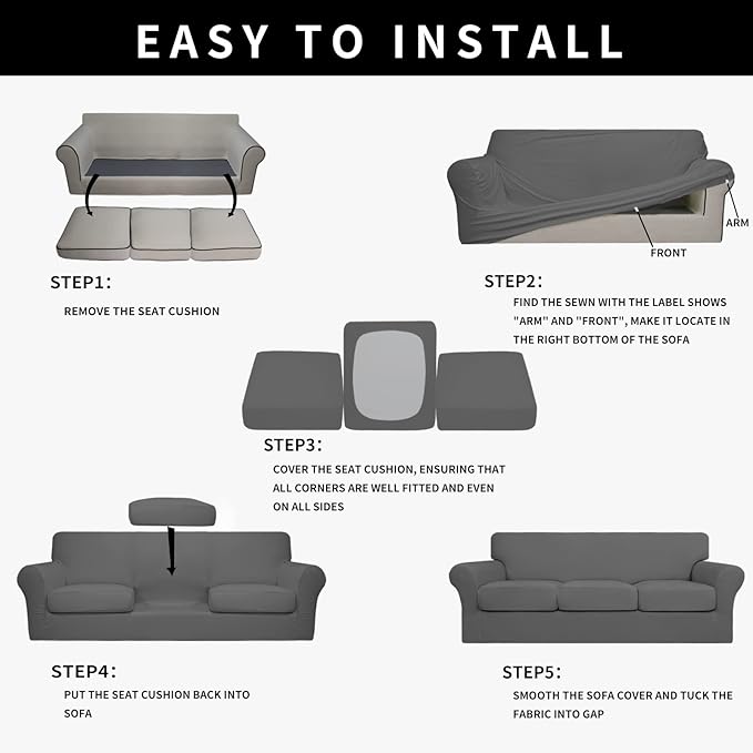 Easy-Going 100% Dual Waterproof 4 Pieces Stretch Soft Couch Cover for Dogs, Sofa Slipcover for 3 Separate Cushion Couch Leakproof Furniture Protector for Kids, Pets Gray