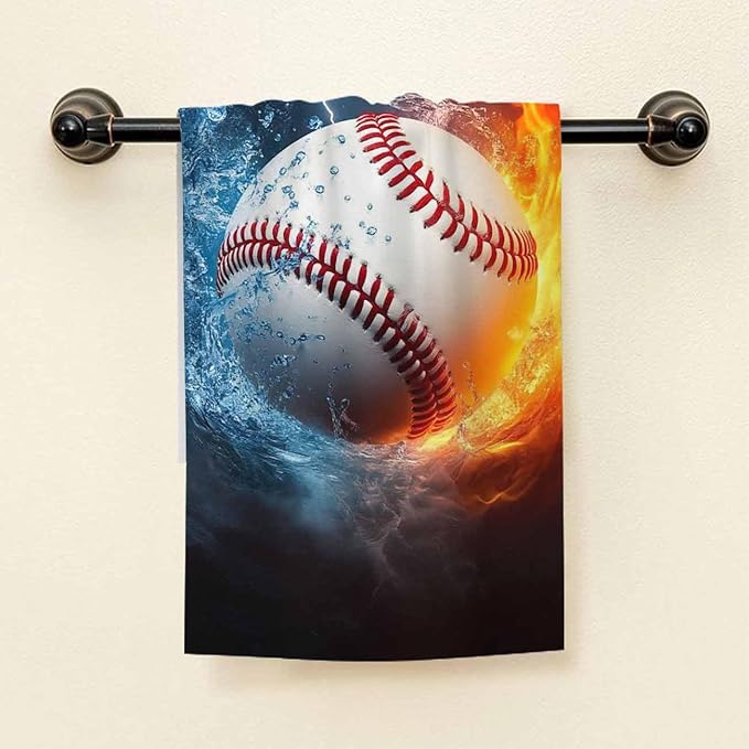 HGOD DESIGNS Baseball Hand Towels Summer USA Sport Ball in Burning Fire Flame and Water Soft Hand Towel for Bathroom Kitchen Yoga Gym Decorative Towels 15"X30"