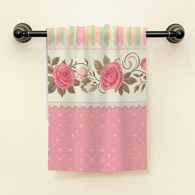 HGOD DESIGNS Flower Hand Towels Valentine Series Vintage Pink Rose Blossom Floral with Polka Dots Soft Hand Towel for Bathroom Kitchen Yoga Gym Decorative Towels 15"X30"