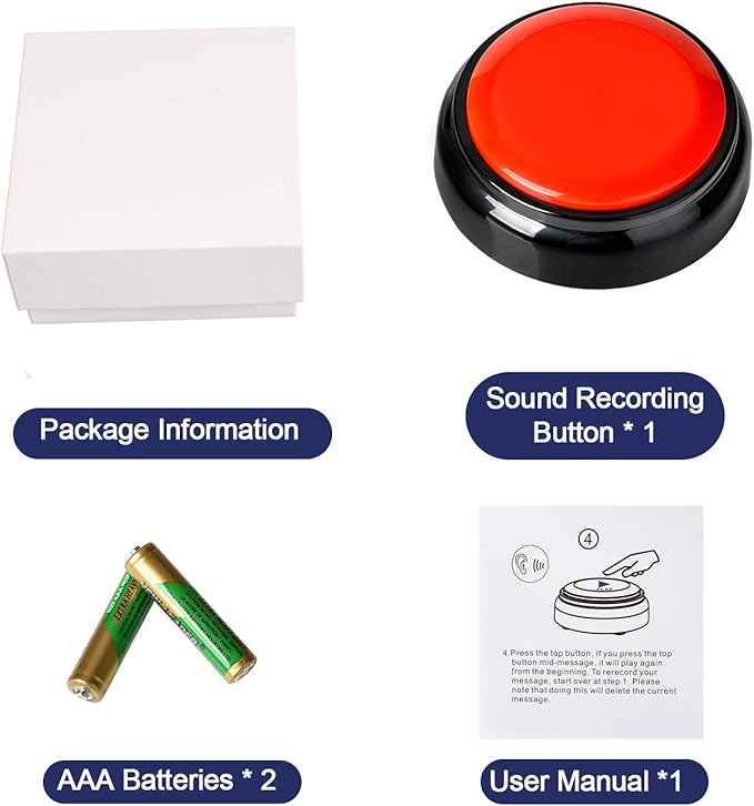 Record Talking Button Easy Button Recording Voice Button Funny OfficeToys Multifunctional Dog Buttons Talk for Communication-Classroom-Friendly Recordable Sound Buttons Buzzer Button(Black+Red