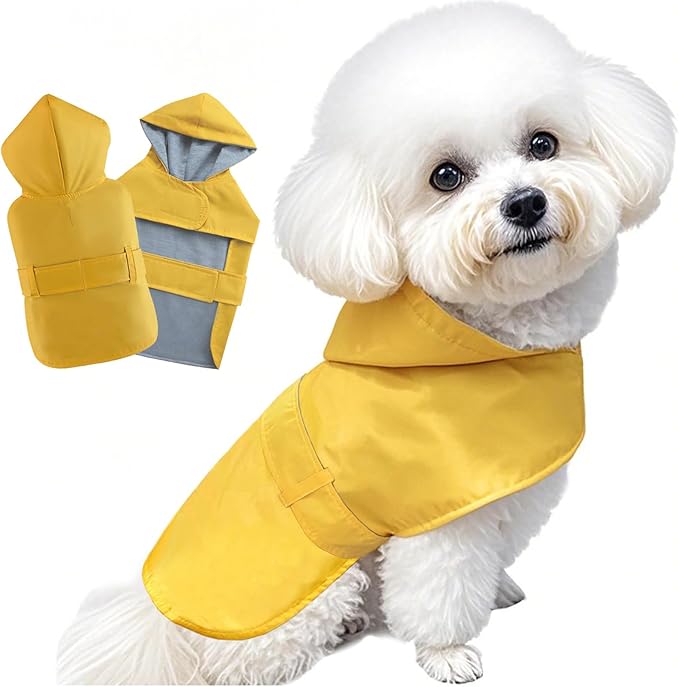 Dog Raincoat Small Dog Rain Jacket Poncho Waterproof Snowproof Pet Rain Suit Double-Layered Warm Lining Hooded Leash Hole Adjustable Puppy Small Dogs,Yellow,S,Back Length 6.5-8.5 inches