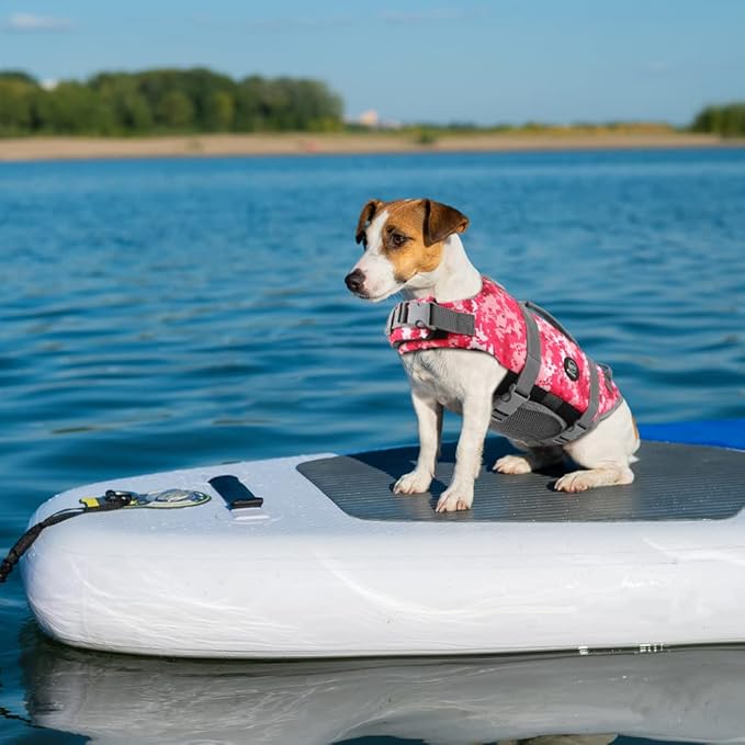 EMUST Dog Life Jacket, Lightweight Dog Life Vests with Rescue Handle for Small Medium and Large Dogs, Pet Safety Swimsuit Preserver for Swimming Pool Beach Boating, 2XL, NewPinkCamouflage