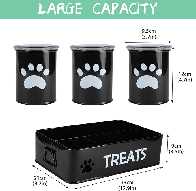 3-Compartment Dog Treat Container with Lids-Airtight 28oz Food Storage Containers for Pets & Snacks, Coated Galvanized Steel Countertop Canister, Kitchen Pantry Organization System-White (Black)