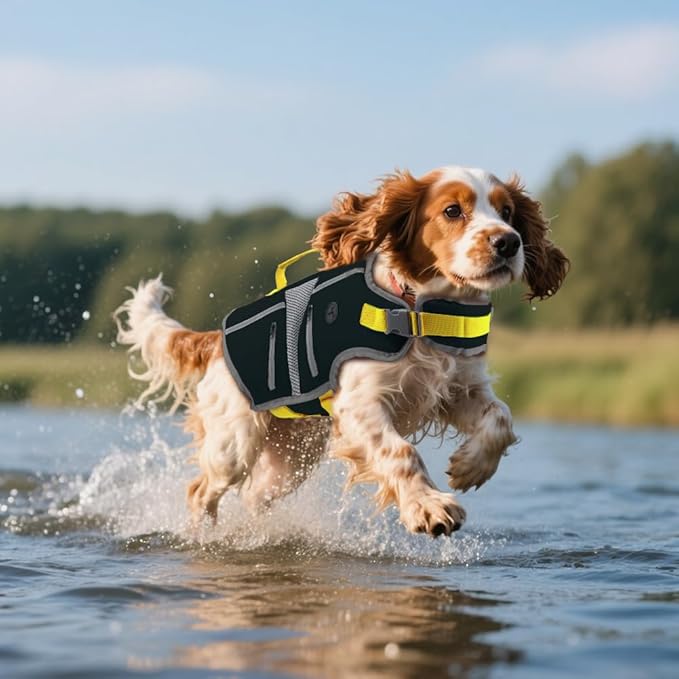 EMUST Dog Life Jacket, Reflective Dog Life Vest for Swimming with 4 Pockets, High Buoyancy Small Medium Large Dog Floating Vest with Reinforced Rescue Handle, Black, XS