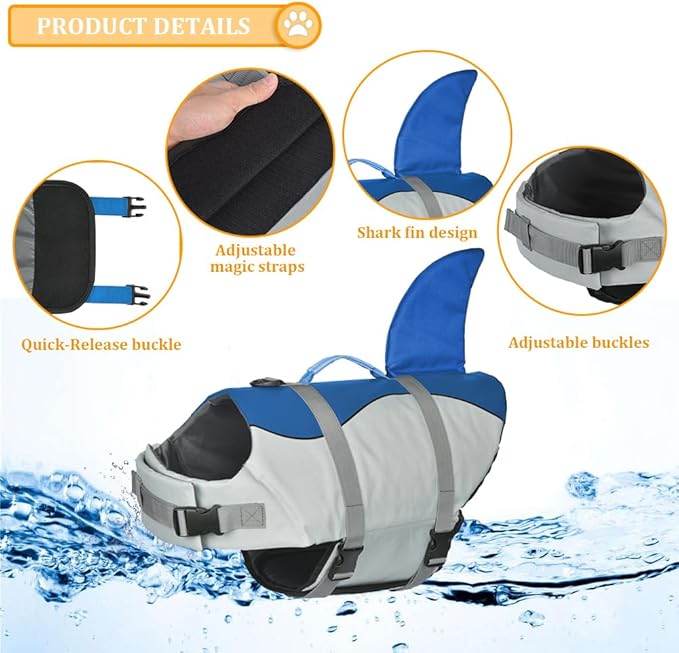 Doglay Dog Life Jacket Shark, Ripstop Dog Life Vests for Swimming Boating with High Buoyancy and Rescue Handle, Adjustable Dog Life Jacket Pet Flotation Vest for Small Medium Large Dogs