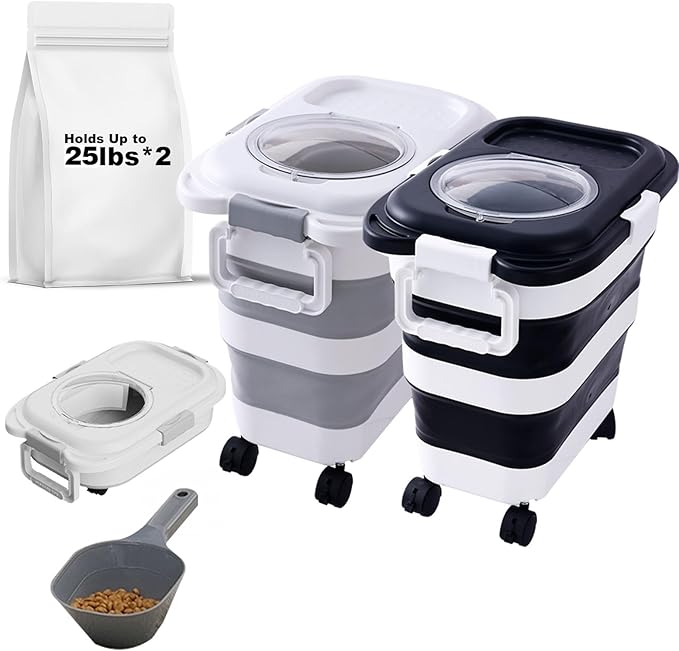 2pack 25 lbs Dog Food Storage Container,Collapsible Dog Food Container with Scoop,Pet/Dog/Cat/Bird Food/Cat litter Storage Containers to Keep Dry,Easy to Move.(Black+white)