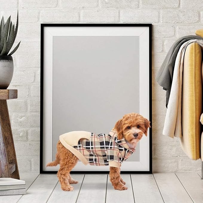 EXPAWLORER Plaid Dog Hoodie - British Style Warm Dog Sweater Shirt with Leash Hole,Pitbull Clothes Outfits,Winter Coat Apparel for All Breeds Puppy Girl Boy-Cat Apparel,Beige X-Small