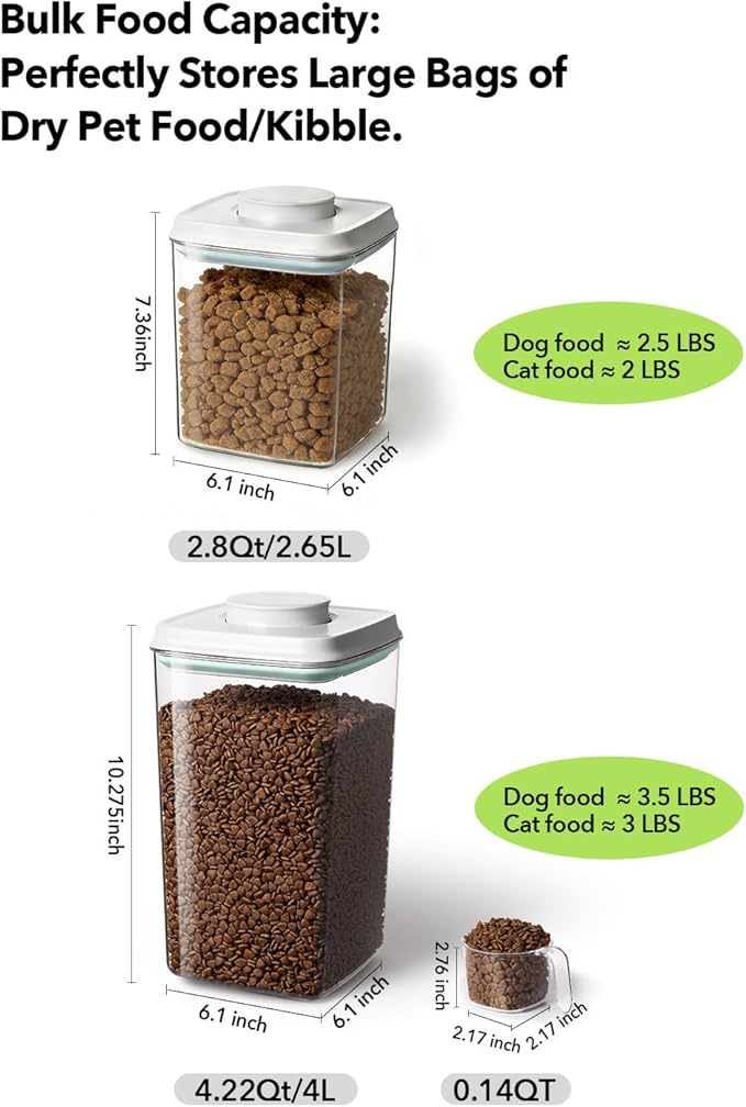 Dog Food Storage System with One-Touch Lid, (4 ×4.22 QT / 4.0 L) Best Value BPA-Free Cat Food Storage Container,Stackable Durable PET with 130ml Scoop, for Complete Kibble & Supply Organization