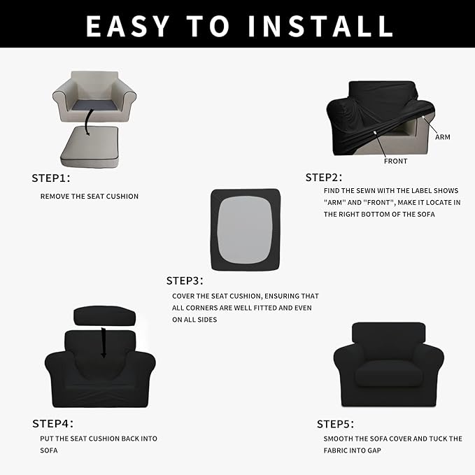 Easy-Going 100% Dual Waterproof 2 Pieces Chair Cover Stretch Soft Couch Cover for Dogs, Sofa Slipcover for 1 Separate Cushion Couch Leakproof Furniture Protector for Kids, Pets Black