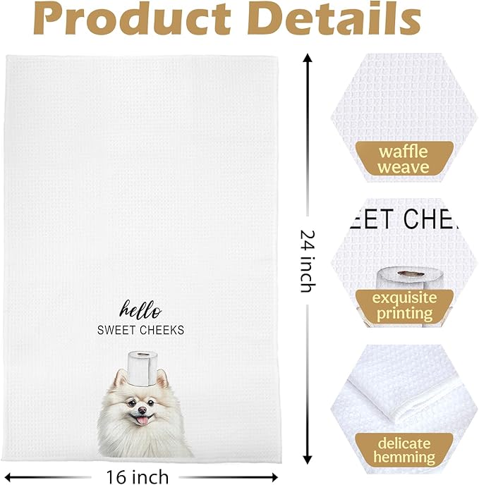 Funny Pomeranian Bathroom Decor - Pomeranian Gifts Waffle Decorative Hand Towels, Hello Sweet Cheeks Bathroom Decor, 16x24 Inches