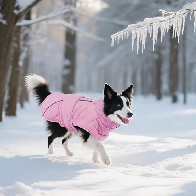 Kuoser Dog Coat, Super-Warm Dog Jacket Windproof Pet Cold Weather Coats for Extra Large Dogs, Fleece Lining Quilted Turtleneck Puppy Snowsuit Reflective Adjustable Doggie Winter Clothes, Pink, 2XL