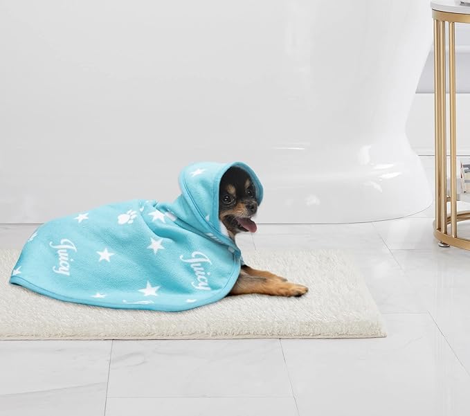 JUICY COUTURE Hooded Towel 100% Microfiber Dog & Cat Drying Towel with Hood & Snap Closure, Absorbent Quick Dry Machine Washable Hooded Towels (Turquoise Blue)