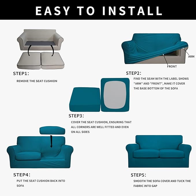 Easy-Going 100% Dual Waterproof 3 Pieces Oversized Loveseat Cover Stretch Soft Couch Cover for Dogs, Sofa Slipcover for 2 Separate Cushion Couch Leakproof Furniture Protector Peacock Blue