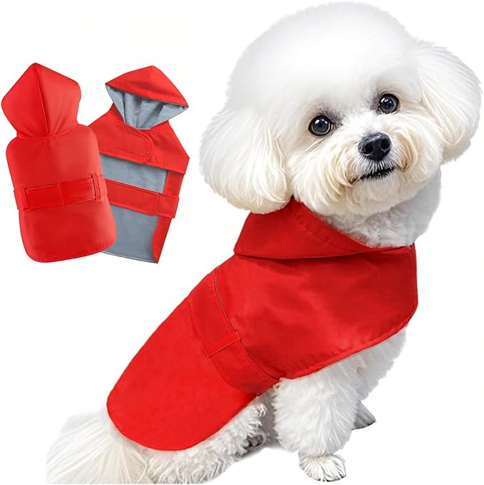 Dog Raincoat Small Dog Rain Jacket Poncho Waterproof Snowproof Pet Rain Suit Double-Layered Warm Lining Hooded Leash Hole Adjustable Puppy Small Medium Dogs,Red,S,Back Length 6.5-8.5 inches
