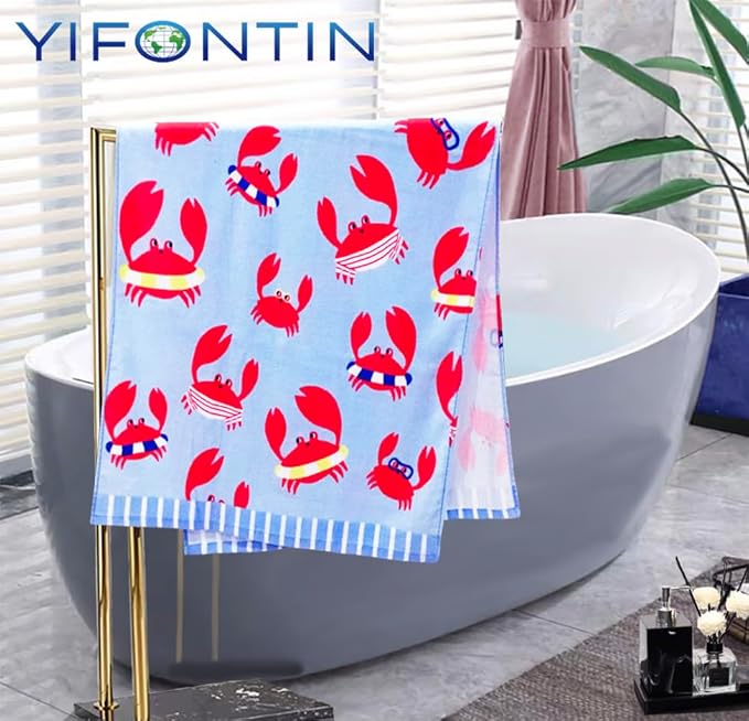 YIFONTIN Beach Towel for Kids Velour Terry Blanket Throw 100% Cotton 25.5X51 inches for Swimming Bath Travel Camping and Picnic, Red Crab.
