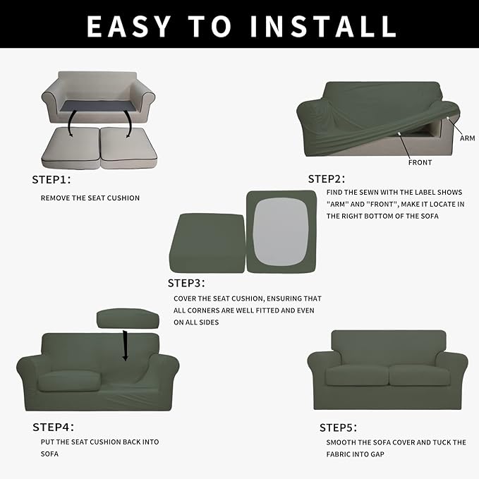 Easy-Going 100% Dual Waterproof 3 Pieces Loveseat Cover Stretch Soft Couch Cover for Dogs, Sofa Slipcover for 2 Separate Cushion Couch Leakproof Furniture Protector for Kids, Pets Grayish Green