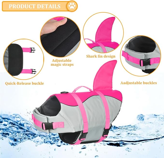 Doglay Dog Life Jacket Shark, Ripstop Dog Life Vests for Swimming Boating with High Buoyancy and Rescue Handle, Adjustable Dog Life Jacket Pet Flotation Vest for Small Medium Large Dogs