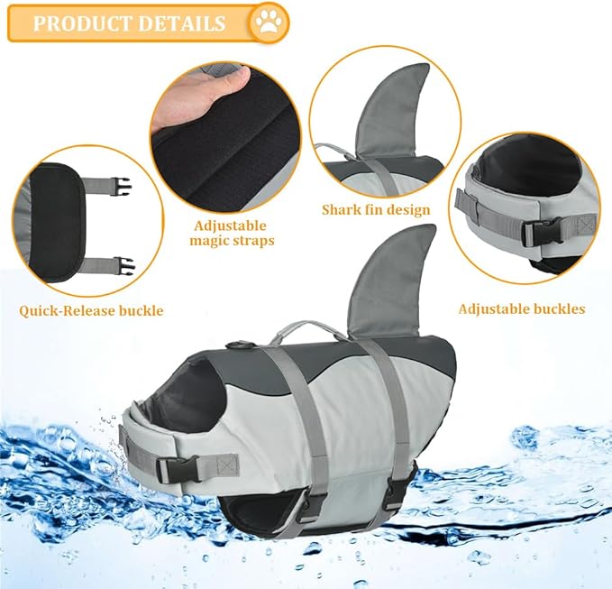 Doglay Dog Life Jacket, Ripstop Cute Shark Dog Life Jacket with Superior Buoyancy and Rescue Handle, Adjustable Dog Life Vests for Swimming Boating, Pet Flotation Vest for Small Medium Large Dogs