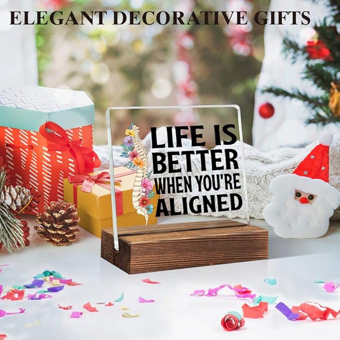 Life Is Better When You're Aligned Acrylic Sign With Wooden Stand, Funny Office Livingroom Desk Plaque Decor for Spine Doctor, Spine PT Top Chiropractor Gifts, Chiropractic Sign Gifts