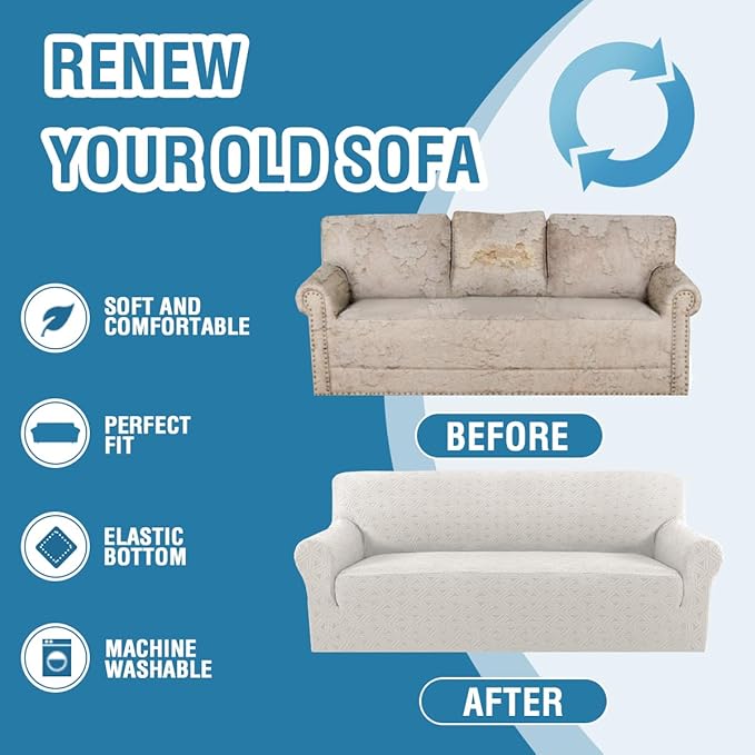 H.VERSAILTEX Jacquard Sofa Covers Washable 1 Piece Stretch Sofa Covers Furniture Protector Anti-Slip Soft Thickened Dogs Slipcovers Washable Diamond Pattern(Sofa, Pale Oak)