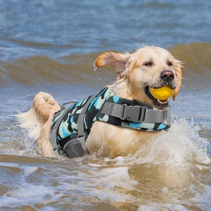 EMUST Dog Life Preserver, Dog Life Vests for Swimming, Beach Boating with High Buoyancy, Pet Flotation Vest for Small/Medium/Large Dogs, L, NewBlueCamouflage