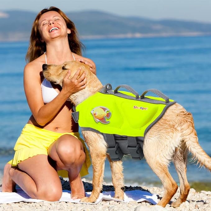 Dog Life Jacket for Large Dogs, Dog Life Vest for Swimming with Three Fashion Fabric Patches, Dogs Swim Jacket with Reflective Stripes and Double Rescue Handle, Pet Flotation Vest, XL