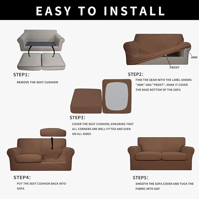 Easy-Going 100% Dual Waterproof 3 Pieces Oversized Loveseat Cover Stretch Soft Couch Cover for Dogs, Sofa Slipcover for 2 Separate Cushion Couch Leakproof Furniture Protector for Kids, Pets Brown