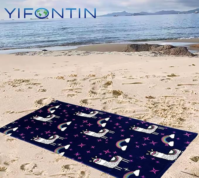 YIFONTIN Kids Beach Towel Super Soft Absorbent Throw Blanket 100% Cotton 24”X48” for Kids Swimming Bath Travel Sports Holiday Camping and Picnic, Alpaca Starry Sky.