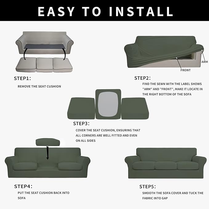 Easy-Going 100% Dual Waterproof 4 Pieces Stretch Soft Couch Cover for Dogs, Sofa Slipcover for 3 Separate Cushion Couch Leakproof Furniture Protector for Kids, Pets Grayish Green