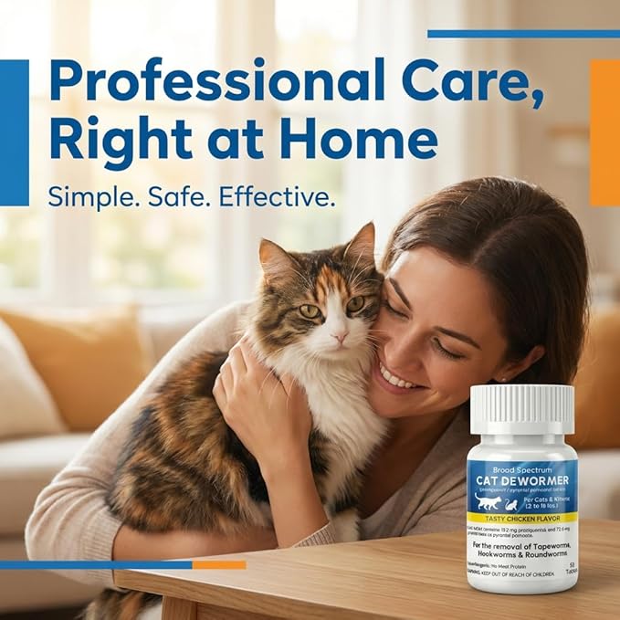 Broad Spectrum Dewormer for Cats and Kittens – Praziquantel and Pyrantel Pamoate Tablets – Removes Tapeworm, Roundworm & Hookworm – Fast Acting Formula (50 Tablets)