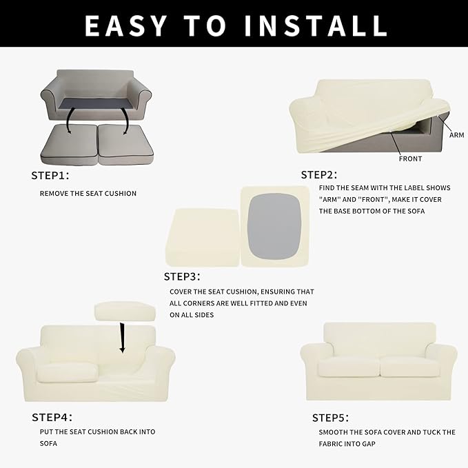 Easy-Going 100% Dual Waterproof 3 Pieces Oversized Loveseat Cover Stretch Soft Couch Cover for Dogs, Sofa Slipcover for 2 Separate Cushion Couch Leakproof Furniture Protector for Kids, Pets Ivory