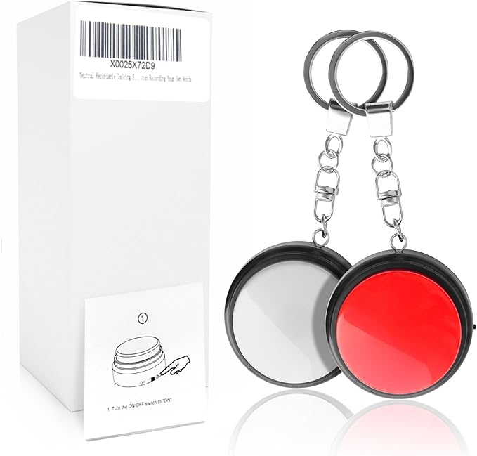 Recordable Talking Button with Keychain, 20s Voice Recording Time Sound Button Answer Buzzers Funny Buttons Record Your Own Words Also Used for Dog Pack of 2 - Red and White (Battery Included)