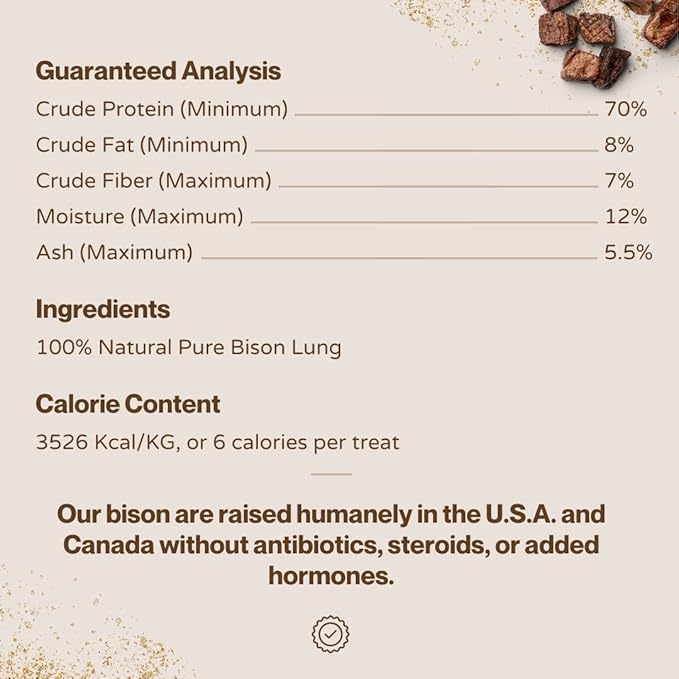 Bison Cubes Single Ingredient Healthy Dog Treats - All Natural, Vet Approved, Grain Free, Nutritious Made in USA Treats for Dogs (Bison Lung, 5oz)