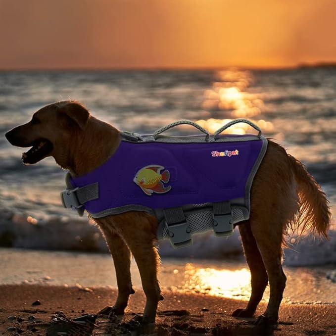 Dog Life Jacket for X-Large Dogs, High Buoyancy Dog Life Vests for Boating Swimming with Fashion Fabric Patches, Pet Swim with Reflective Stripes and Rescue Handle, Dogs Flotation Vest, XL