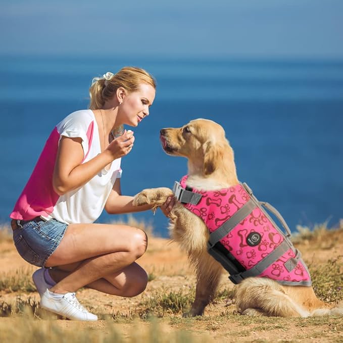 EMUST Life Jackets for Dogs, Adjustable Small/Medium/Large Dog Swim Vest for Water Safety Pet Life Vest with Rescue Handle Safety Vest for Swimming Pool Beach Boating, XL, NewPink