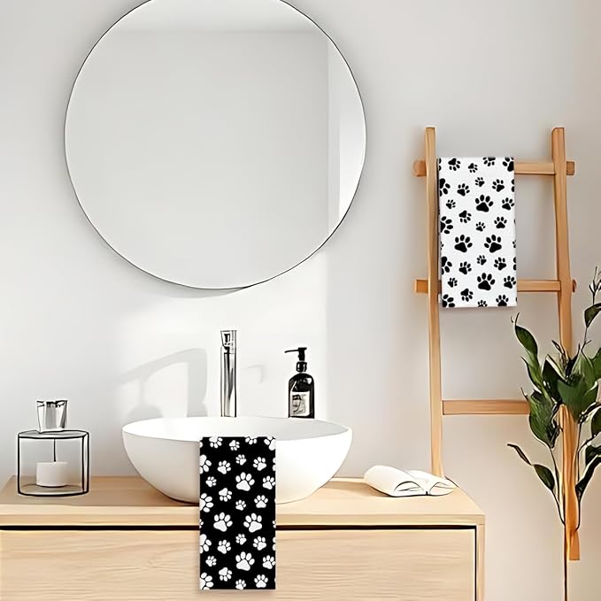 Black and White Dog Paw Print Kitchen Towels and Dishcloths Set of 2, Cute Decorative Hand Towel Drying Cloth for Bathroom, Gifts for Dog Lovers, Hostess, Women, 16x24 Inches -18