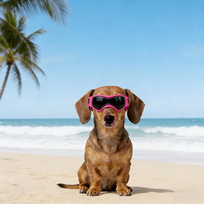 Enjoying Dog Sunglasses Small Breed, Dog Goggles UV Protection, Cycling Eye Protection for Small Dogs, Outdoors Breathable Windproof Dustproof Anti-Fog, Adjustable Straps, Cool Pink