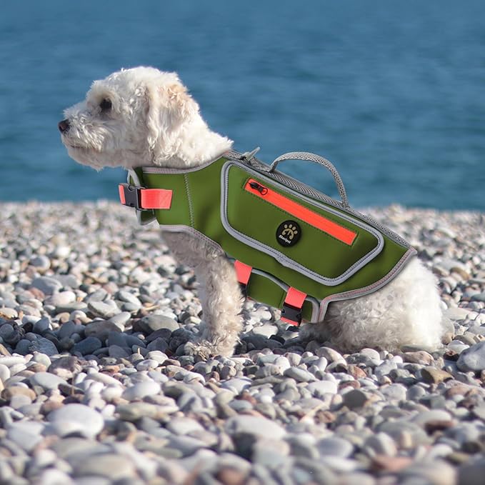 Dog Life Jacket for Small Dogs with High Buoyancy, Lightweight Dog LifeVest for Swimming Adjustable Reflective Dogs Floating Vest, Neoprene Rescue Handle Pet Life Preserver, Dark Green, XS