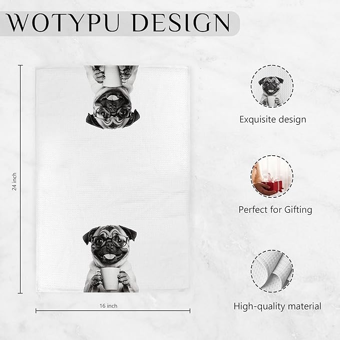 Funny Pug Kitchen Bar Towels, Gifts for Pug Lovers Dish Tea Towel, Wine Coffee Lover Gifts Decorative Hand Towels for Kitchen Bar Cart Decor, 16x24 Inch Set of 2